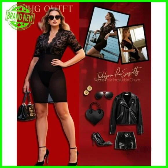 Large V-Neck Lace Chemise with Thong, Recycled Material, Half Sleeve - Picture 4 of 7